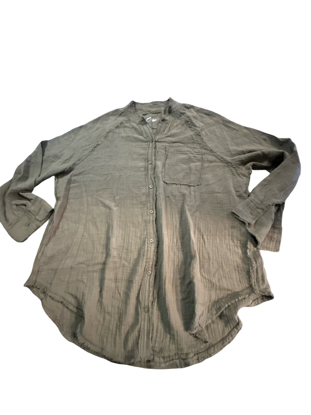 Aerie M Olive Earthy Cotton Double Gauze Raw Edge Button Down Top Oversized